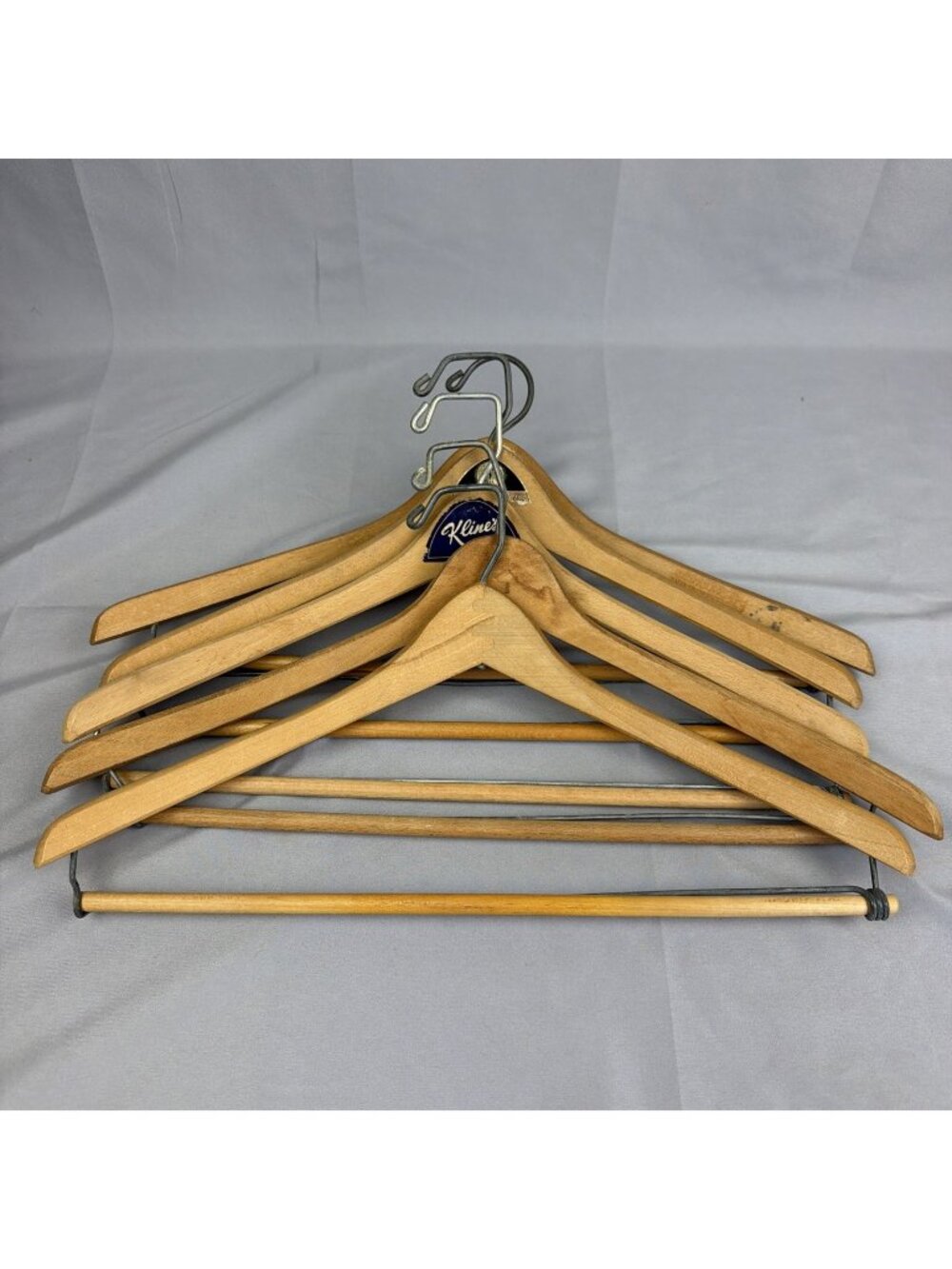 Vintage lot of 5 Wooden & Metal Suit Hangers w/ Pant Bar Wishbone Wood